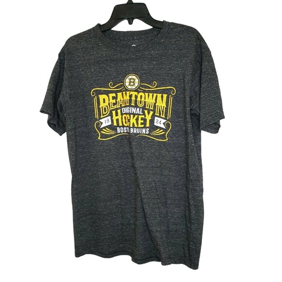 Men's Bean Town Fanatics Polyester Cotton Boston Bruins Gray T-Shirt with Yellow - Picture 1 of 9